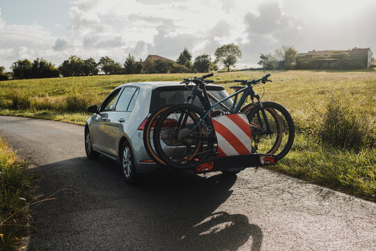 Mountain Bikes On A Car Bike Rack. Cycling Vacations.