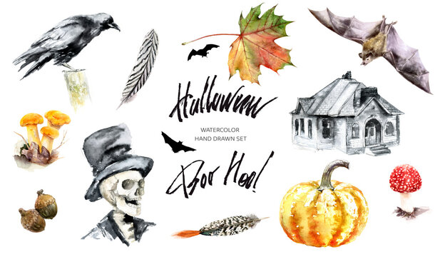 Happy Halloween watercolor illustration set isolated on white background