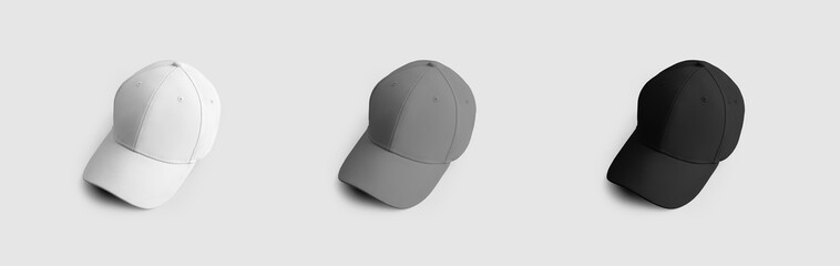 Sports baseball cap template, white, gray, black hat with visor, for design and pattern...