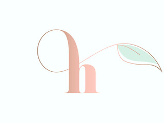 Letter h logo.Typographic icon isolated on light background. Script lettering sign with leaf shape.Rose gold alphabet initial.Luxury, fresh, natural, elegant, wedding serif type style calligraphy.