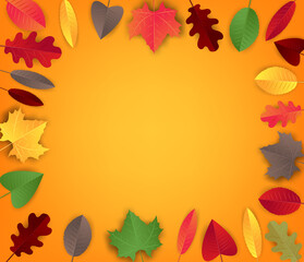 Autumn background with realistic colorful leaves. Empty space for text. Vector illustration.