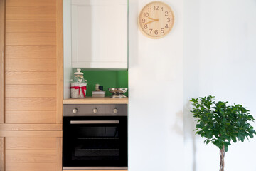 Furnished wall of a modern kitchen with oven and cabinet, a clock hanging on the wall and a green plant.