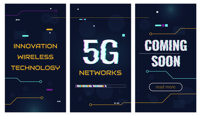 Concept, fifth generation networks, new technologies, 5G mobile wireless communication. Vector set of abstract banners in digital techno style. Dark blue background with computer elements. Copyspace.