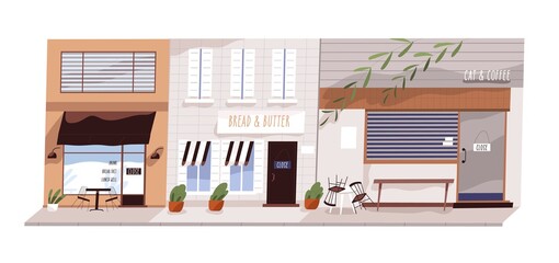 City cafe during lockdown. Exterior of closed restaurant, coffee house, bakery, bistro. Financial crisis concept. Empty town street. Vector illustration in flat cartoon style