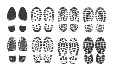 Human footprint. Footwear steps silhouette, shoes, boots, sneakers footstep print of men and women, textured steps. Dirty shoes print, shoes footprints on asphalt and ground, step silhouette