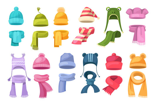 Cute knitted warm autumn and winter clothing. Warm kids boy and girl hats and scarves. Headwear and accessories, children clothes accessory for cold weather vector