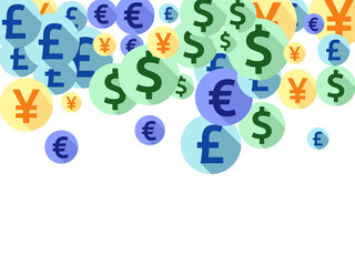 Euro dollar pound yen round signs scatter money vector background. Financial pattern. Currency 