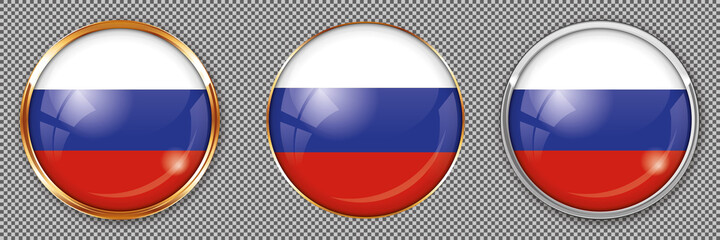 Round buttons with flag of Russia on transparent background