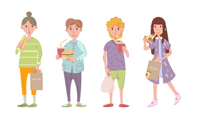 Students lunch time. Group of young people eating fast food, differents meals hot dog, hamburger, juice, pizza. Lunch of boys and girls in dining room, having break.