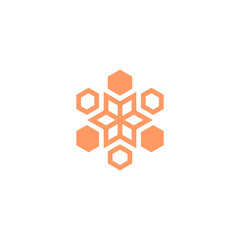hexagonal flower logo and hexagon shapes around it