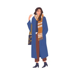 Beautiful fashionable young woman in casual outerwear. Stylish warm seasonal wear. Modern female character in blue stylish coat, pants, scarf. Flat vector cartoon illustration on white background