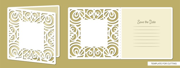 Birthday greeting card or wedding invitation with cut openwork pattern. Lines and text - Save the Date. Layout for plotter laser cutting (cnc) of paper, cardboard. Vector illustration.