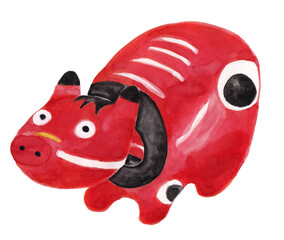 水彩画　赤べこ　年賀状　イラスト1