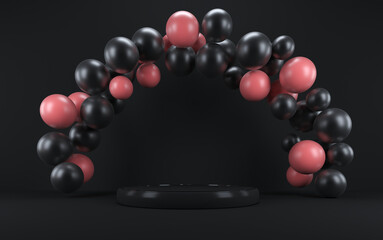 Black and pink balloon in a white interior around a white podium. 3d render