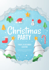 Christmas party poster with christmas element. Paper art vector. Vector illustration