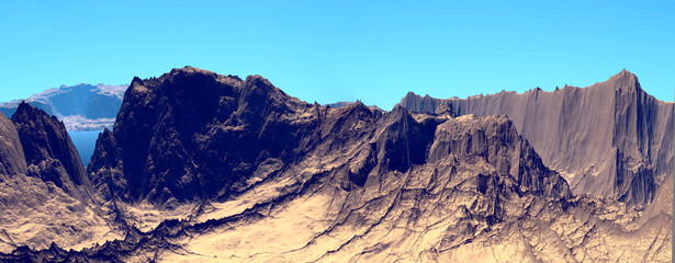 Alien Planet. Mountain. Panorama. 3D rendering