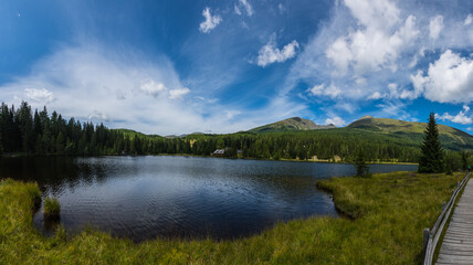 beautiful mountain lake with meadows trees and mountains panorama