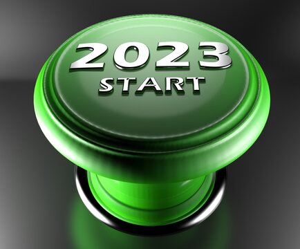 2023 START green push button on black background - 3D rendering illustration