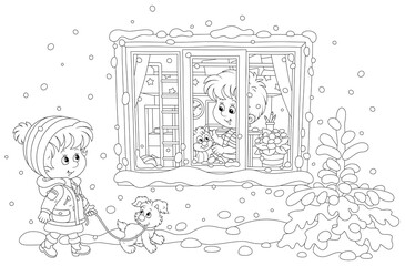 Cheerful little girl walking with a puppy on a snowy winter day, a little boy playing with a kitten and looking through a window of his room, black and white outline vector cartoon illustration