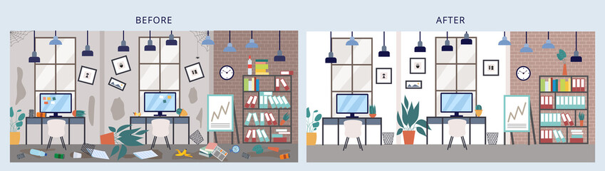 Banner with work office before and after cleaning a vector flat illustration