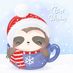 Christmas greeting card with cute sloth illustration. Christmas decoration in watercolor. © ariosbeth