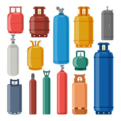 Set of gas cylinders of different colors and shapes a vector isolated illustration