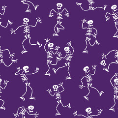 Funny white skeletons in different poses and moods showing up against a purple background. Skeletons in minimalist style having fun while composing a seamless Halloween pattern design