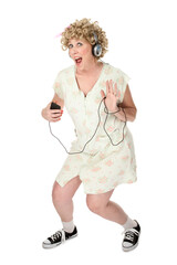 Funny woman waving with music player