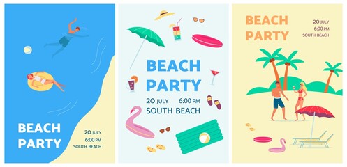 Set of banners or posters for summer beach party flat vector illustration.