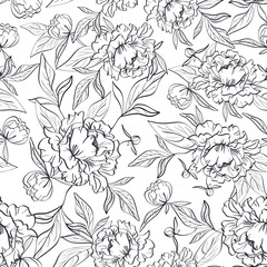 Vector floral seamless pattern with elegant white peony flowers, buds and leaves in line shape on white background - 384108463