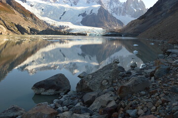 Hiking around the icy glacial lakes of El Chalten, Laguna de los Tres and Fit Roy Mountains in Patagonia, Argentina