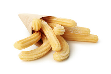 Tasty sweet churros isolated on white background