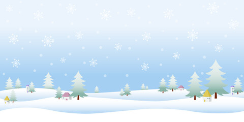 Horizontal winter scene background with falling snow, snowy hills, pine trees, and little houses. Vector illustration.