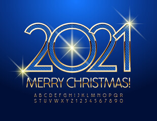 Vector chic greeting card Merry Christmas 2021! Elegant blue and Gold Font. Modern luxury Alphabet Letters and Numbers set