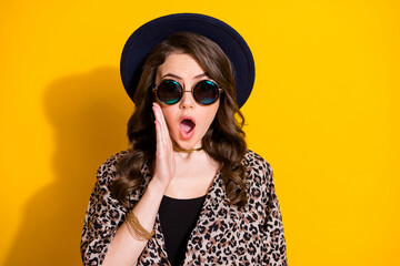 Close up photo of astonished girl impressed incredible novelty open mouth wear good look retro style outfit isolated over bright color background