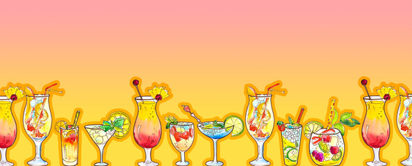 Cocktails in different glasses on a pink-orange background.