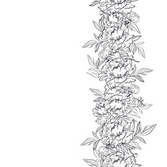 vector illustration of seamless garlands with beautiful outline peony flowers and black leaves on white background
