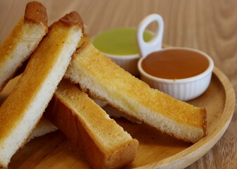 Toast with two colored custard. Very appetizing