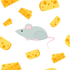 Grey mice among delicious yellow cheese seamless pattern