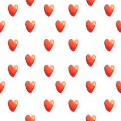 Watercolor hand painted seamless pattern. Background with red hearts for wedding decorations or St. Valentine's day.