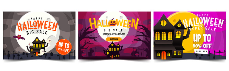 Set Of Spooky Castle Background for Halloween Big Sale and Super Sale promotion. Spooky Castle, Spooky forest, full moon night