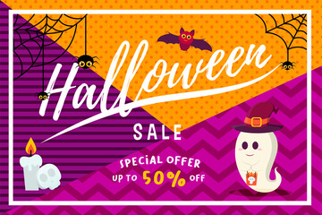 Halloween Sale Promotion Background with Geometric Pattern, Cute Ghost Carrying Halloween Paper Bag, Cute Spiders, Cute Flying Bats.