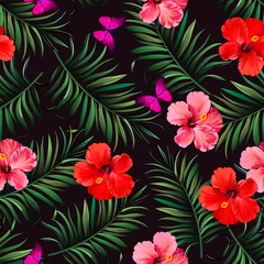 Fotobehang Vector tropical pattern with hibiscus flowers and exotic palm leaves. Trendy summer background. Summer floral illustration. © Logunova  Elena