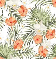 Foto auf Acrylglas Vector tropical pattern with hibiscus flowers and exotic palm leaves. Trendy summer background. Summer floral illustration. © Logunova  Elena