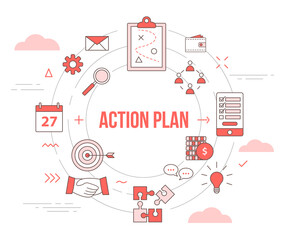 business action plan concept with icon set template banner with modern orange color style and circle shape