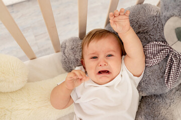 baby boy six months old crying in his crib with a big Teddy bear