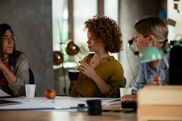 Businesswomen working on a new project. Colleagues discussing work in office