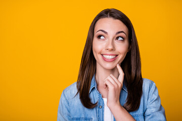 Close up photo of interested minded girl enjoy think thoughts decide decisions touch finger chin...