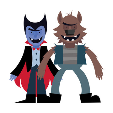 halloween vampire and werewolf cartoon vector design