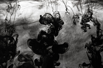 Fototapeta na wymiar Closeup of a black ink in water in motion isolated on white. Ink swirling underwater. Colored abstract smoke explosion effect. Abstract background with copy space..